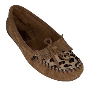 Minnetonka Leopard Calf Hair Slip on Moccasins